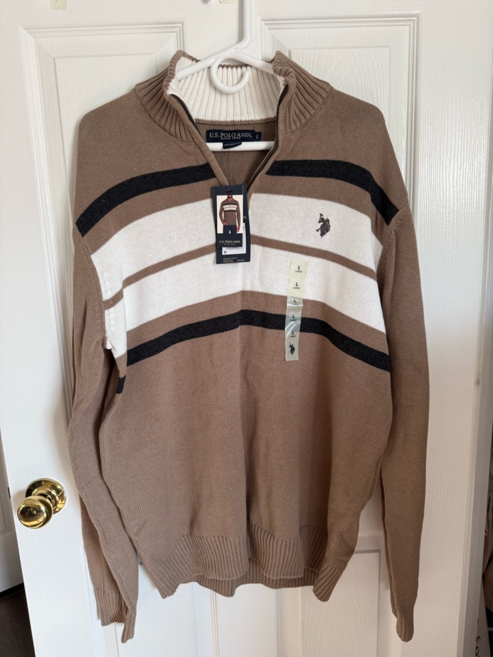 U.S. Polo Assn. Brown, White & Black Striped Half-Zip Sweater